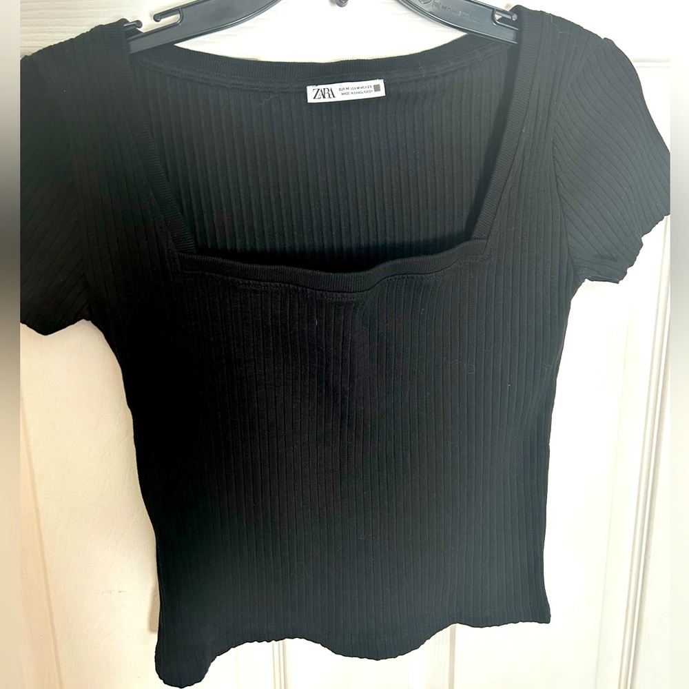 Zara Ribbed Black Square Neck Top - NWOT